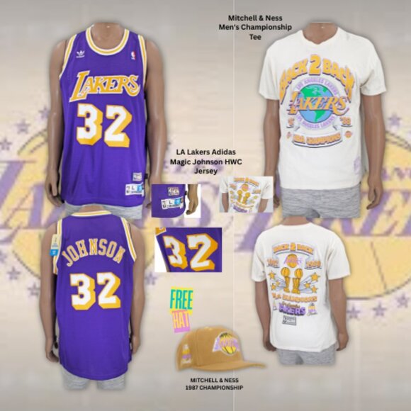 LA Lakers Adidas Magic Johnson HWC Jersey/Mitchell & Ness Men's Championship Tee - Picture 1 of 15